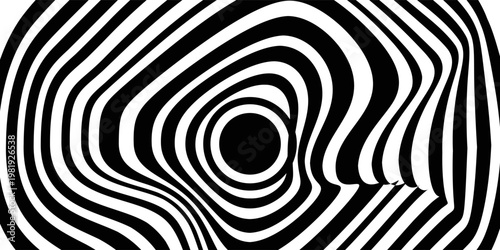 Abstract hypnotic pattern with black-white striped lines. Psychedelic background. Op art, optical illusion. Modern design, graphic texture.