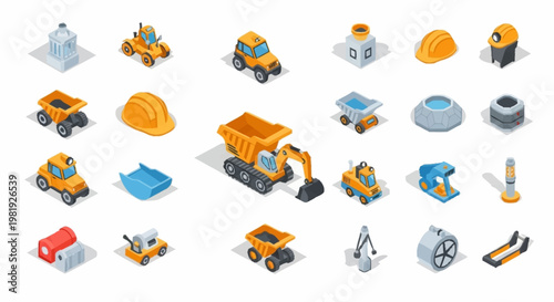 Collection of isometric construction vehicles and equipment icons for industry and building projects.