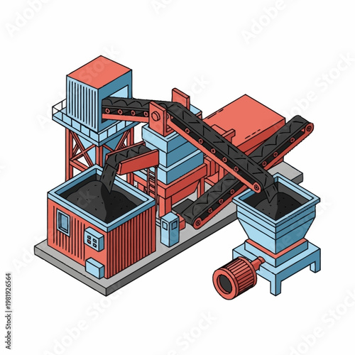 Industrial conveyor belt system processing raw materials at a factory plant.