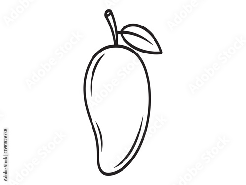 Simple black and white line drawing of a single ripe mango fruit with stem and leaf