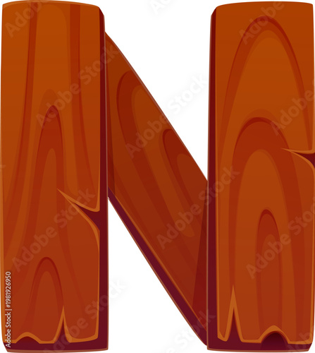 Cartoon wooden, rustic wood English alphabet type, font letter N. Wooden English alphabet letter, fence plank type isolated vector font symbol. Natural wood texture typeset element