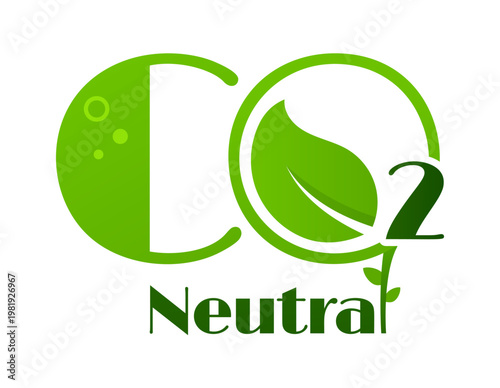 Carbon dioxide, CO2 neutral emission icon or seal. Carbon emission climate change label, CO2 environment pollution vector symbol. Dioxide neutral footprint sticker with leaf, bubbles and typography