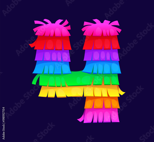 Cartoon pinata font number four, Mexican holiday alphabet, abc typeface. Vector 4 math symbol with layered bright paper fringe. Rainbow arithmetic sign for early kid learning, birthday or fiesta party