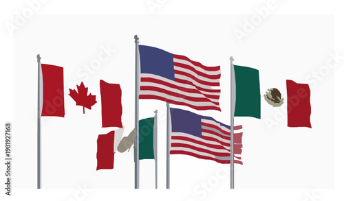 Waving Flags of Canada USA Mexico NAFTA Vector Illustration