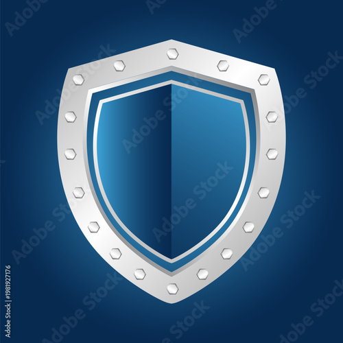 Silver Steel Shield, Security Shield Icon on a Blue Background. Vector Illustration