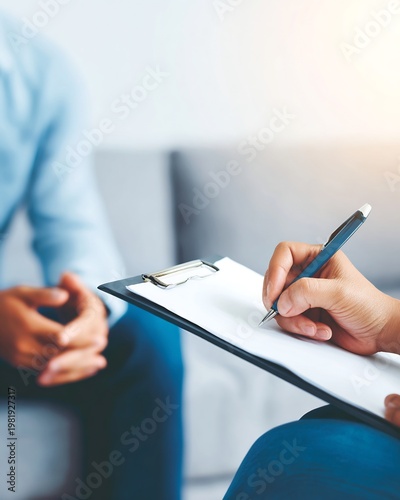 Empathy communication conflict management over shoulder view of professional taking note during discussion no faces visible quiet office setting soft lighting neutral tones