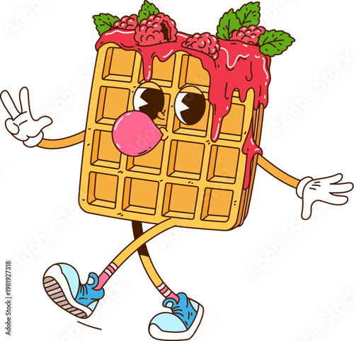 Belgian waffle cartoon groovy cute character. Confectionery cheerful vintage hippie mascot, isolated dessert funny vector character. Sweet waffle personage in raspberry jam or topping inflating gum