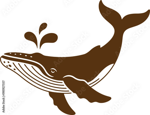 Brown humpback whale spouting water on white background stylized water spray ocean