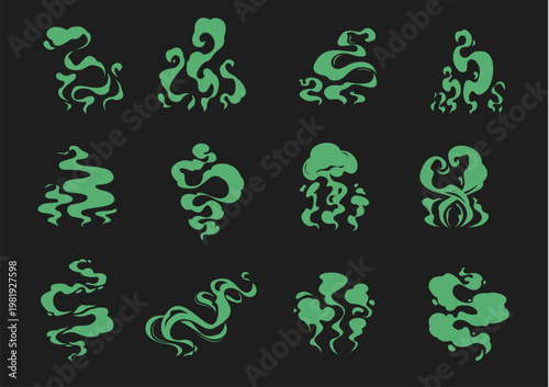 Bad green smell, fart cloud, stink and poison smoke. Poison stinky gas cartoon vector puff, stench steam burst comic effects collection. Fart bad smell cloud element or toxic green smoke shapes set
