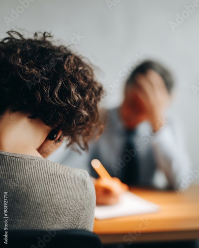 Empathy communication conflict management over shoulder perspective of professional writing note during meeting no faces visible quiet workspace neutral tones soft lighting