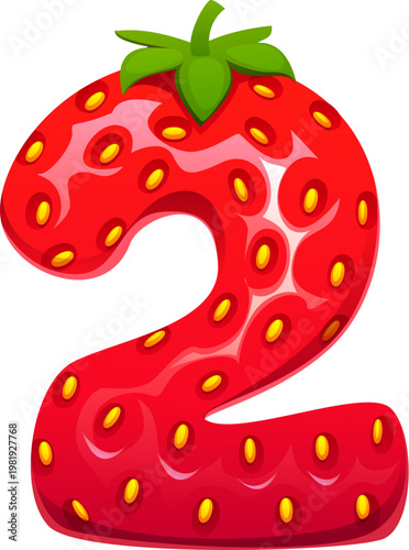 Cartoon strawberry, farm red berry English alphabet typeset, font number 2 two. Forest fruit typography figure, farm berry font vector numeral symbol. Garden strawberry typeface number digit