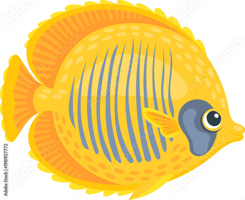 Yellow butterflyfish sea underwater marine animal cartoon character. Coral reef underwater yellow butterflyfish funny character, sea aquatic animal vector mascot. Water creature cute personage