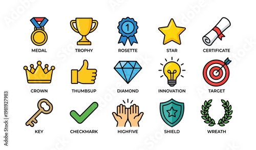 Collection of colorful achievement icons including medal, trophy, star, and key
