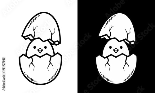 A cute cartoon chick emerges from a cracked eggshell illustration