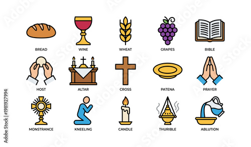 Religious symbols: bread, wine, wheat, grapes, bible, cross, altar, candle, prayer