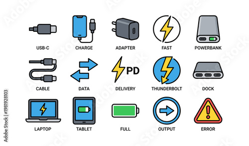 Charging essentials: usb-c, adapter, powerbank, cables, laptop, tablet icons