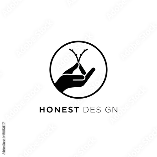 Honest Design Logo: Hand Holding Delicate Plant Branch, Symbolizing Growth, Care, and Nature