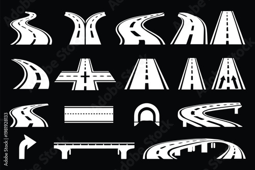 Top view road markings set. Highway lanes and race tracks set. Seamless straight street road pack. Town or city pavement asphalt repeated pattern. Vertical roadway, top view of a highway street lane.