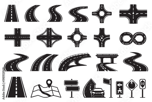 Top view road markings set. Highway lanes and race tracks set. Seamless straight street road pack. Town or city pavement asphalt repeated pattern. Vertical roadway, top view of a highway street lane.