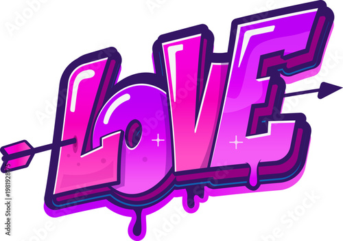 Love street art graffiti, urban wall artwork typography. Urban paint artwork, Hip Hop love graffiti drawing vector typography. Ghetto wall tag text or lettering with violet letters pierced by arrow