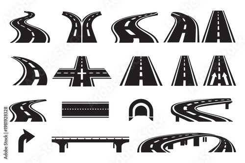 Top view road markings set. Highway lanes and race tracks set. Seamless straight street road pack. Town or city pavement asphalt repeated pattern. Vertical roadway, top view of a highway street lane.