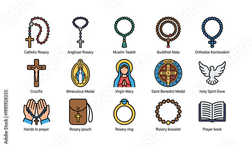 Religious symbols: rosary, crucifix, virgin mary, holy spirit, prayer book
