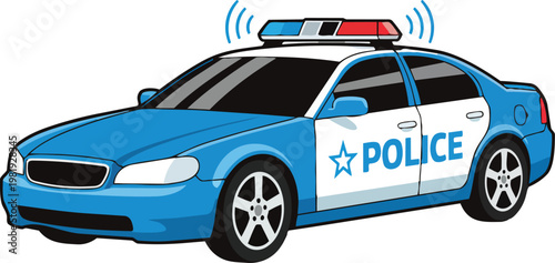 Blue police car with lights on.