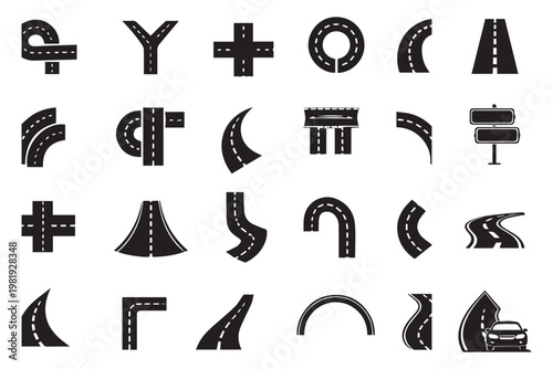 cursor icon. Road and highway icons set, curved and straight street elements collection, asphalt paths, transport routes. road icon set collection with straight curved and junction roadway designs. 
