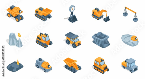 Isometric construction and mining vehicles and equipment collection.