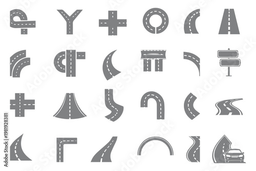 cursor icon. Road and highway icons set, curved and straight street elements collection, asphalt paths, transport routes. road icon set collection with straight curved and junction roadway designs. 