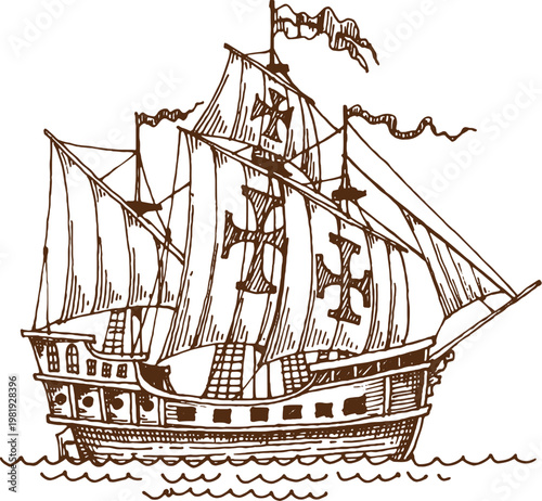 Hand drawn sketch pirate historical sail ship. Pirate sketch sail ship, historical graphic isolated vector brown caravel. Wooden hand drawn galleon vessel or European fleet engraving warship