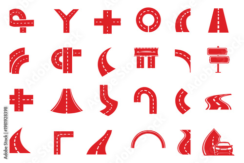 cursor icon. Road and highway icons set, curved and straight street elements collection, asphalt paths, transport routes. road icon set collection with straight curved and junction roadway designs. 