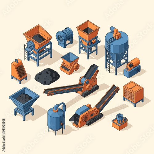 Isometric illustration of industrial mining and processing equipment, including crushers, conveyors, and silos.