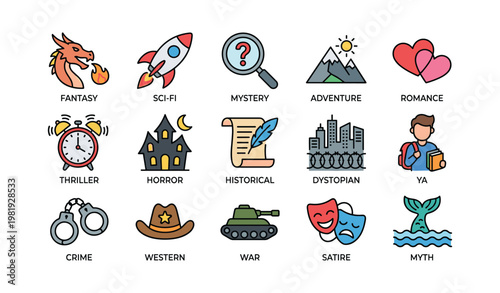 Illustrated icons representing fantasy, sci-fi, mystery, horror, and more book genres