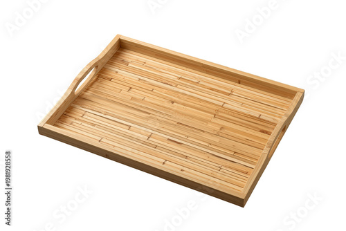 Rectangular bamboo wood serving tray with handles, kitchenware for home breakfast service, transparent background