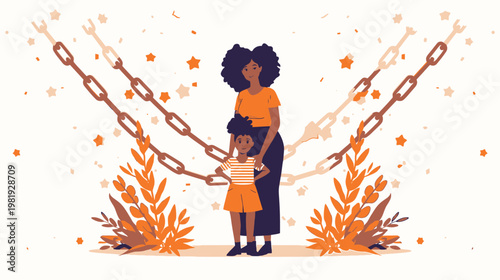 Celebrating Juneteenth A Mother and Child Rejoicing Under Broken Chains Amidst Festive Flora