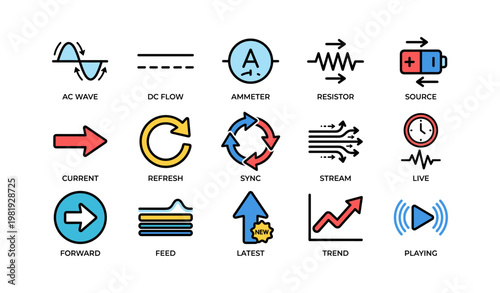 Colorful electronic circuit symbols and icons for technology and innovation