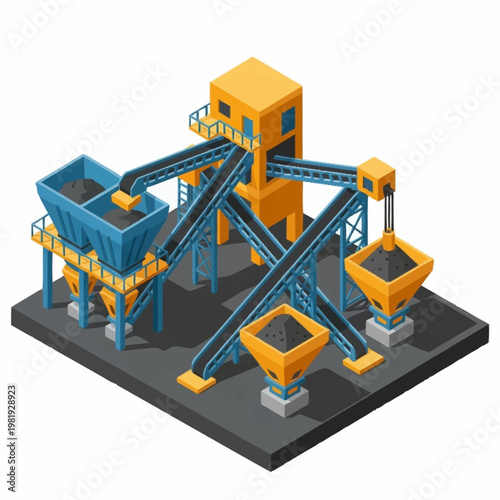 Isometric illustration of an industrial coal processing plant with conveyor belts and hoppers.