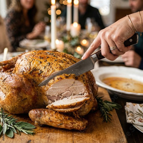 Woman carving roasted turkey on wooden board at festive dinner  