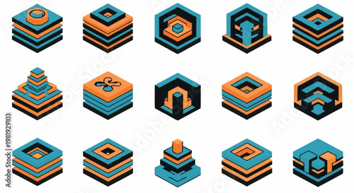 Collection of abstract geometric isometric icons representing data layers, progress, or stacking elements in blue and orange.