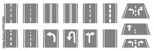 street road line vector icon. Various Roadway Signs and Highway Lane Markings Icons Set. unique road icon set. Straight Road Icon in Black Color, Highway Street Transportation Silhouette Illustration.