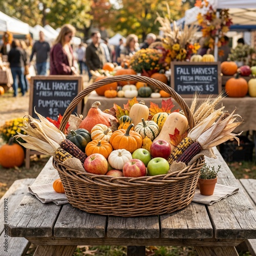 Fall harvest market basket filled with colorful pumpkins and fruits  