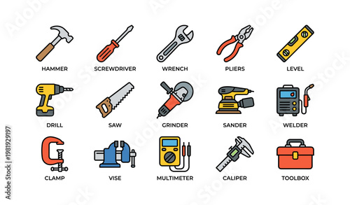 Colorful icon set of various hand and power tools with labels