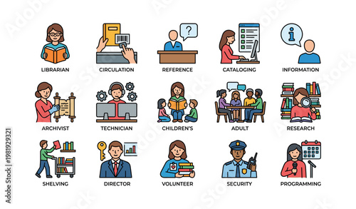 Diverse library roles depicted through illustrations