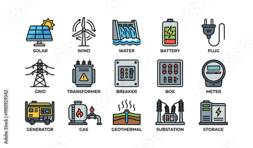 Renewable energy icons: solar, wind, hydro, battery, plug, grid, transformer, breaker, substation
