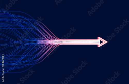Glowing data flow arrow with neon lines on dark technology background
