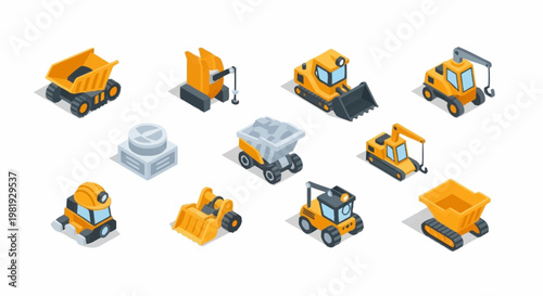 Collection of isometric construction vehicles and equipment on a white background.