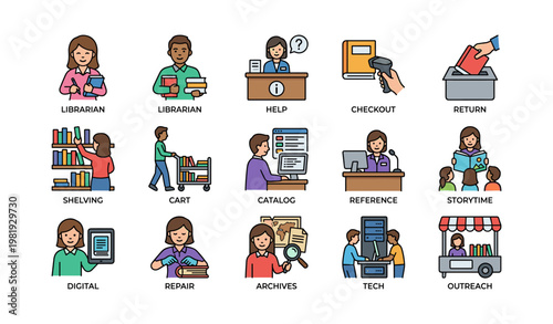 Library staff and activities illustrated: shelving, checkout, storytime, tech support