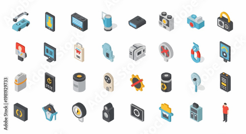 Collection of isometric icons representing various modern technology and electronic devices.