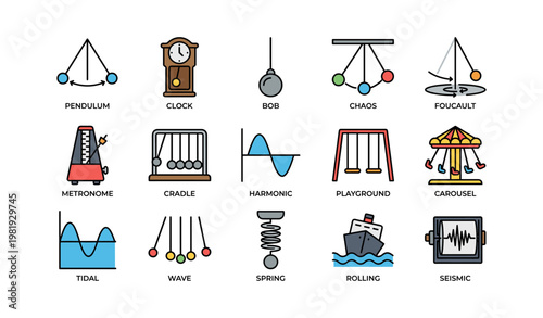 Physics icons: pendulum, clock, playground, carousel, seismic concepts illustrated